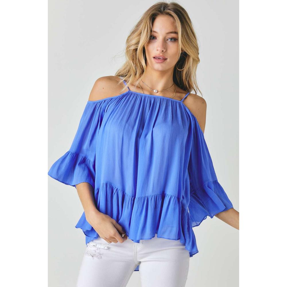 Ruffled Cold Shoulder Sheer Blouse Top - Picture 1 of 6